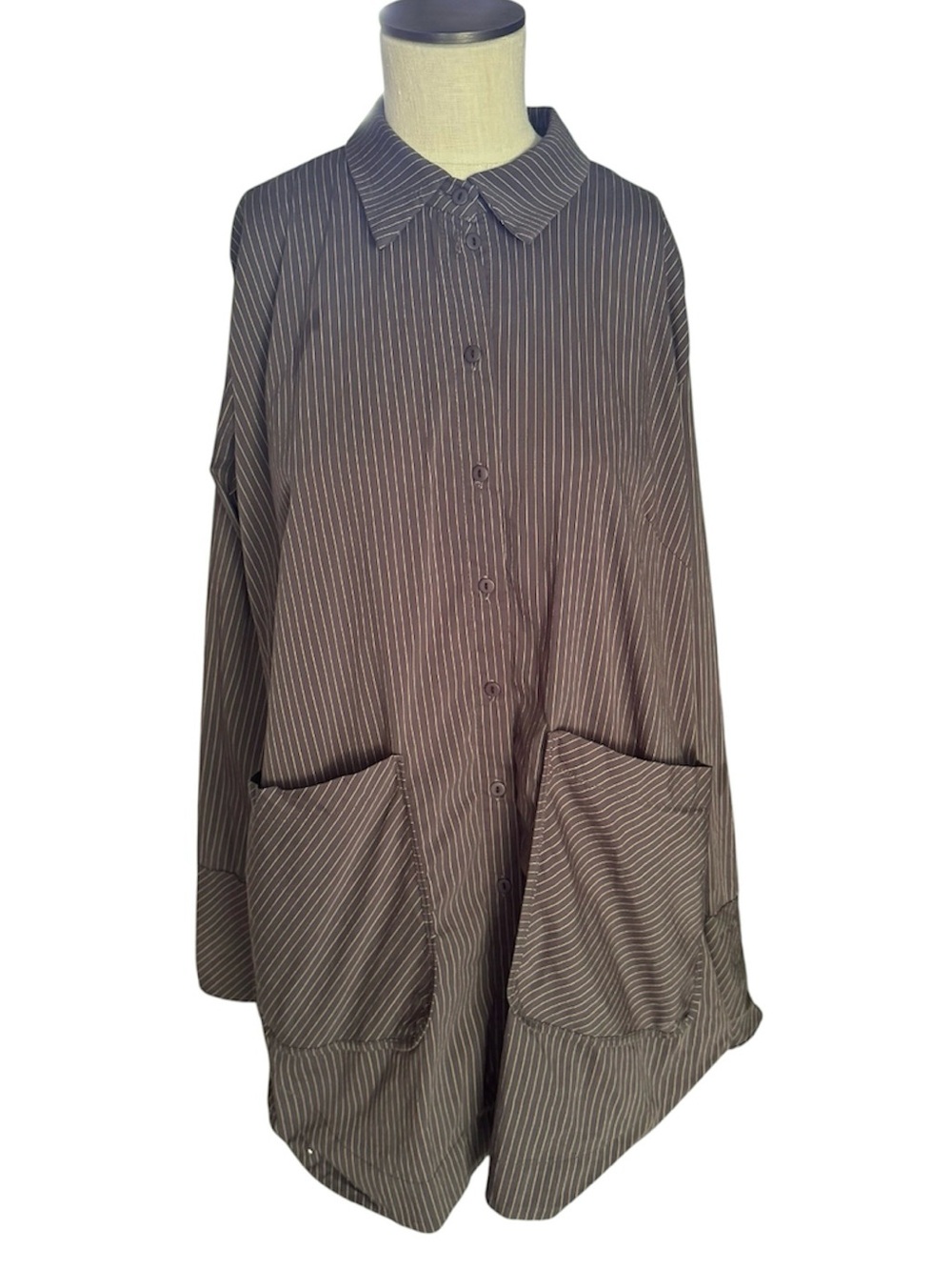 GERSHON BRAM Women’s Gray Pinstripe Lagenlook Button Up Tunic Sz M